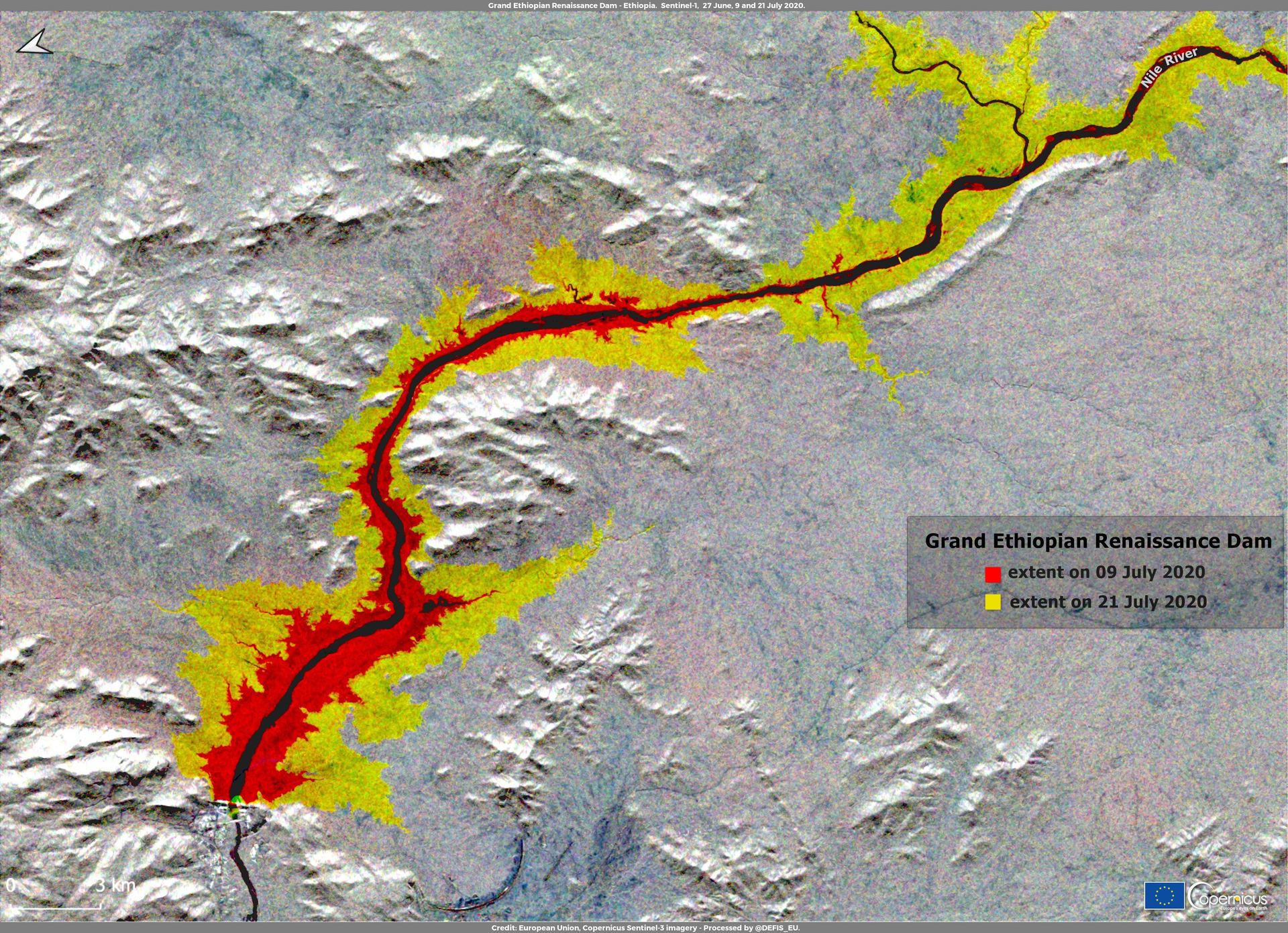 Satellite view of the Grand Ethiopian Renaissance Dam and its reservoir on the Blue Nile